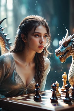 ((masterpiece)), ((best quality)), (((photo Realistic))), expressionism, realism with overdrive, a pretty girl playing chess with the magical dragon, artistic water drops, dynamic pose, tenderness, full-color palette, octane rendering, soft natural volumetric light, bioluminescence atmospheric, sharp focus, centered composition, professional photography, complex background, soft haze, masterpiece. animalistic, beautiful, fine details, 16k,concept art