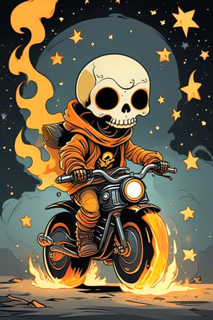 A whimsical art design. A stylized cartoon character, a small, adorable humanoid figure with a skull head, riding a miniature motorcycle. The skull head is oversized, with smooth, rounded features, large black eye sockets and a cute expression. The character has tiny, simplified limbs. The motorcycle is a chibi-style design, with exaggerated proportions, such as large, round headlights and chunky wheels. The bike emits a surreal, glowing aura, mainly in bright orange and yellow hues, resembling flames, which trail behind as if it’s moving fast. The background is dark, nearly black, with stars, creating a stark contrast that highlights the glowing flames and the motorcycle. 