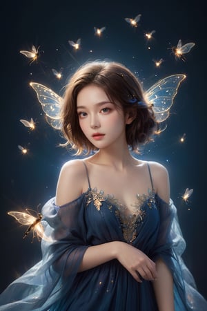 The young alluring woman at dynamic bending pose. A digital masterpiece image, featuring a woman in a deep blue background, enveloped in a swarm of bright fireflies that illuminate the darkness with flashes of light. With her soft, wavy brown hair, the woman exudes an aura of tranquility and serenity. Her dress appears as an ethereal cloak of light that blends with the glow of the fireflies, while the winged creatures flutter around her, creating a magical and captivating effect. The harmony of deep blue tones and the soft radiance of the fireflies establishes an enchanting atmosphere that captures the audience's attention and imagination.,xxmix_girl