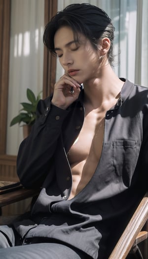 A handsome man relaxing lay in a transparent chair, eyes closed, shirt unbuttoned, surrounded with gleaming musical symbols swirls, bathed in soft light against a tranquil backdrop, creating a stunning visual experience, photo-realistic, very realistic, live-action adaptation movie