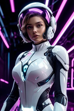 a high-resolution image that captures the essence of a charming character in a futuristic setting. she is wearing white crystal clear white suit and transparent glass helmet. The character is poised energetically, with flowing garments motion. Incorporate a vivid color scheme with pink, and reflective silvers, reminiscent of nightcore aesthetics. Use dramatic backlighting to emulate a neon glow, contrasting with the darker hues of a cosmic backdrop , she is bright , The image should mimic the depth of field and clarity with sharp focus on the character and a blurred background. Add realistic textures to the character's clothing and hair, and include a visible light source in their hands, producing a gleaming, otherworldly effect. Ensure the overall composition resembles a candid snapshot, capturing a spontaneous moment of action in a surreal, sci-fi universe, Her eyes are purple, her entire body, she is making a gesture of reaching out for something above, a leaping pose, she is gazing at something above., GoPro HERO10 Black, Cinestill 800T, cyberpunk, a cinematic scene, 