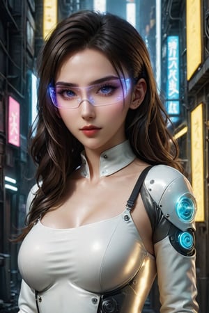 [three-quarter dynamic position::12], (Dylan Kowalski:1.25), [gorgeous face, (long loose spreading brunette wavy hair:1.1), (amazing pale skin:1.2), pastel lighting, mysterious smile, ((looking at the camera)), bright and piercing eyes:9], gorgeous young cyborg girl in sexy hole  white platinum outfit((anatomical:0.7) bellybutton (glossy cybernated body and hands in (Deus Ex Mankind Divided style):0.9)) and (trim and athletic:0.95),, inside a slum alley with (neon signs:0.6), (dramatic neon lighting:0.9), natural glossy, Dark matte, [stunning high-activity unity render::30] Maximally natural hair[superdetail, ((professional photography, hyperphotorealistic, cinematic, natural reflection textures, max natural materials, high-contrast shadows, cinematic lighting, soft lighting)):20], (neon lighting:0.8), [nikon d850 film stock photograph 4 kodak portra 400 camera f1. 6, 150mm, ISO 100, CineStill 800 Tungsten:15],cyberpunk glasses