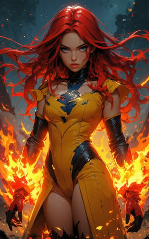 A full shot of a striking female character from a cyberpunk video game setting, radiating futuristic and edgy vibes. In the style of a Marvel comic, A young woman with spreading red fiery hair and blue eyes, she is wearing a yellow-blue, one-piece leotard, sexy bold design clothing. She wears red gloves and boots, flaired at the ends with a jagged layer of orange, resembling flame. She is surrounded by flames and sparkles, creating an intense and fiery atmosphere. The flames around her dance wildly, illuminating her determined expression as she stands in control of the destructive energy. the powerful blaze enveloping the scene. The background is in a barren landscape, adding to the dramatic and powerful effect, by Jim Lee, fantasy art, fantasy concept art, epic fantasy movie, 