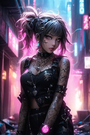 A captivating, high-quality photo of a bizarre graffiti punk scene set in a dystopian world. The focal point is a powerful, dark figure rising from the ashes, surrounded by a cloud of smoke. The figure is adorned with chains and cybernetic enhancements, and their eyes glow ominously. The background is a gritty, graffiti-laden cityscape, with towering skyscrapers and a hazy, neon skyline. The foreground features a chaotic mess of rubble and debris, highlighting the destructive power of the scene. The overall atmosphere is dark, intense, and cinematic, reflecting the dark fantasy elements and the transformation of laws into dust., graffiti, cinematic, dark fantasy