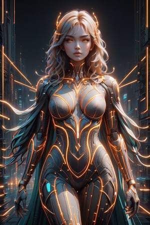 The Neon Wireframe Enchantress of a young alluring goddess. A stunning and evocative epic movie still featuring a futuristic enchantress adorned with a dress and cape made of mesh wireframe in bright neon golden fibers. The bright goddess with glowing hair intertwined into the futuristic neon background. The lines, an intricate network of shining threads, intertwine forming geometric patterns that glow intensely under the light, creating a hypnotic and electrifying visual effect. The artwork masterfully combines digital rendering with portrait photography, immersing the viewer in a fascinating and technological visual experience. The vibrant contrast between the neon wireframe and the dark, abstract urban landscape background creates a captivating atmosphere that leaves a lasting impression. Adda Barrios' name is prominently displayed, highlighting her extraordinary talent, versatility, and artistic vision, all exhibited in the fields of fashion, ,neon,mad-cyberspace