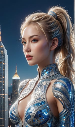 A futuristic cityscape at night with a tall, illuminated skyscraper in the background. In the foreground, a young alluring woman with blonde hair tied in a high ponytail is prominently featured. She wears a shimmering, metallic outfit with intricate designs, predominantly in shades of blue and silver. The outfit has a unique pattern resembling a mosaic or tessellated design. The woman's makeup is bold, with emphasis on her eyes and lips. The city behind her is bustling with lights, suggesting it's a major urban center.