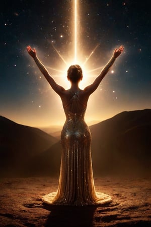 A captivating movie still of a formidable female figure, her hands raised, emitting a brilliant, golden light that illuminates the surrounding darkness. The light envelops her, casting a celestial glow that accentuates her strength and determination. The background reveals a mysterious landscape with an ethereal sky, where stars seem to twinkle with newfound hope. The atmosphere is a blend of enigmatic beauty and promise of new beginnings, as the powerful female figure stands as an embodiment of resilience.