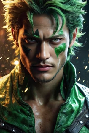 hyperrealistic, a masterpiece live-action movie poster. A breathtakingly realistic image of zoro from One Piece in his Super Saiyan form, radiating an otherworldly aura. Showcase his chiseled physique, wild hair, and beaming smile. Utilize advanced techniques to capture subtle lighting, texture, and divine attire details. Exude an atmosphere of awe-inspiring wonder, as if he is about to unleash powerful divine energy. Bring this extraordinary visual to life with 3D rendering and meticulous attention to detail. Set in a whimsical, imaginative, and lively environment, showcase his powerful unexpected tricky move.