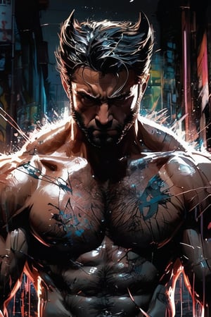 Hyper-realistic movie still of Logan, known as young Wolverine, a brand new version superhero hybrid of batman, designed with Dan Hipp's trademark blending of photo-realism and fantastical textures. Smadhing the glass in the very front of the viewers. Broken Glass effect. Wolverine's grizzled face and muscular physique displayed with forensic detail, minor scars and bruises lending gritty verisimilitude. His adamantium claws extended in a combative stance, razor-sharp steel glinting under neon signs of a gritty alleyway. Subtle luminescent threads pulse through muscles and between armor plating like circuitry, smooth, sharp focus, art by Carne Griffiths and Wadim Kashin, unique design suit, award winning photography, masterpiece movie poster.