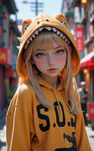 Ghibli studio anime style, A young college girl, blonde hair, blue eyes, standing in the middle of a bustling street. She is wearing a playful hoodie with a hood designed to resemble a plush T-rex head with cute, rounded teeth and spines along the top, giving it a toy-like appearance. The word 'S.O.S ' is written prominently on the front of the hoodie. Dramatic lighting emphasizes her lustful expression.