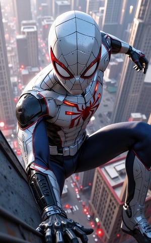 Ghibli studio anime style, a striking photo taken from a low-angle perspective view, medium shot focus on the spiderman's hand while he ijumping down from a high building. Spider-Man hybrid the style of Ultron, gleaming silver white armor with glitter lights and a hyper-realistic advanced joint parts, poised on mid-air, unreal engine-powered aesthetic. Casting unexpected super power.