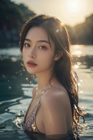 a young woman in glossy swimsuit in the water, vogue magazine photography, elegant, intricate, very inspirational, stunning, highly detailed, complex, sharp focus, great composition, cinematic, modern fine classic, volumetric lighting,