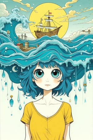 A whimsical and enchanting illustration of a woman with a large, blue, and yellow headpiece that appears to be a melting sea or sky with a small ship and islands on it. The woman's eyes are large and blue, and her expression is calm and thoughtful. The woman's headpiece could represent her thoughts and dream.