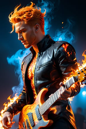 (8k, RAW photo, best quality, masterpiece:1.2), (realistic, photo-realistic:1.3). Human Torch（Marvel Comics) , playing electric guitar , smiling, extremely detailed guitar on fire, man humanoid with fine skin, muscular, whole body covered with a lot of fire spark, chest covered with armor, Albrecht Durer hands, on a stage doing a show, night, rock band in the background, perfect hands, perfect musical instruments, extremely detailed place, extremely detailed clothes, very realistic, low saturation, cool colors, fog, drama, UHD, 16k