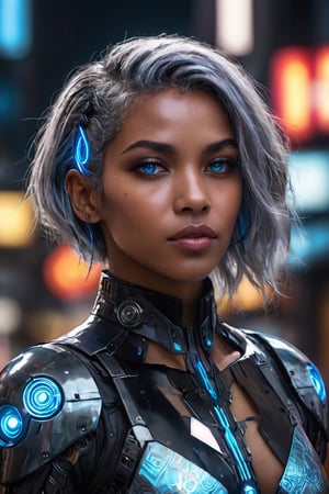 ((masterpiece)), ((best quality)), (((photo Realistic))), (portrait photo), (8k, RAW photo, best quality, masterpiece:1.2), (realistic, photo-realistic:1.3). A striking image of a cyberpunk protagonist, a gorgeous black woman with grey hair and robotic eyes, dressed in a sharp suit. His cybernetic eyes emit a cool blue light that contrasts with the dimly lit, neon-lit cityscape. Hovering vehicles and futuristic architecture fill the background, while a holographic 'Hal Cinah' signature is subtly integrated into the scene, hovering above his head. The overall atmosphere is bold, futuristic, and slightly dystopian.