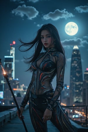 A cinematic shot of Ahri standing on a rooftop under a well-lit night sky. She has long loose spreading hair and is wearing a black mesh outfit with gleaming white, silver and red streaks, as well as golden accents. She is holding a black metal staff with a glowing tip. The background contains skyscrapers and the full moon features cool tones, enhancing the dramatic, vivid atmosphere., eye-catching, highly detailed.