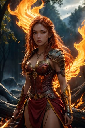 (8k, RAW photo, best quality, masterpiece:1.2), (realistic, photo-realistic:1.3). A captivating and intense scene portraying a fierce female warrior clad in a fiery red outfit, with her hair ablaze in bright orange and yellow flames. She stands confidently, wielding a fiery sword that crackles with energy. The background reveals a dark, mysterious landscape with twisted trees and an ominous sky. The overall atmosphere of the image is intense and dramatic, showcasing the power and determination of the fiery female protagonist.