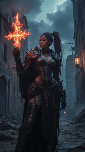 A female stoic Goth Soldier, standing amidst the urban decay of graffiti-laden walls and eerie neon lights. intricate markings lace across her forehead, adding a touch of dark fantasy mysticism to his imposing figure. Her sexy armor, with spikes and chains, shimmers under the neon glow. In her hand, she clutches a glowing gothic cross symbol, surrounded by swirling arcane runes, exuding an aura of mystical power. Dark clouds roil above, with orange fire cutting through the sky, enhancing the brooding atmosphere. The Goth Soldier's presence embodies the dark fusion of ancient magic with urban rebellion, a symbol of strength in a decaying world.