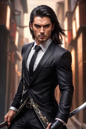 ((masterpiece)), ((best quality)), (((photo Realistic))), (portrait photo), (8k, RAW photo, best quality, masterpiece:1.2), (realistic, photo-realistic:1.3). A striking 8k portrait of a gorgeous handsome man in a black suit, showcasing his toned body and long, dark hair. He has dark, intense eyes and is clean-shaven, with no beard. The man wields a long gleaming katana at dynamic jumping action pose and is adorned in intricate, maximalist attire. The background is a blend of dark and light tones, with a nod to anime-inspired elements. This stunning artwork is trending on ArtStation and is a masterpiece by the talented artist, Artgerm.