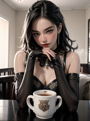 A modern photo of a 19-year-old Gothic anime woman, effortlessly seated in a cozy, dimly lit room filled with books and soft lighting. She is dressed in a chic black latex sweater with a high neck and intricate violet latex applique patterns, paired with platform sandals and black latex gloves and black latex stockings. Her dark, flowing hair contrasts with her pale complexion, and her deep red lips are accentuated by dark makeup. Holding a steaming cup of coffee, she gazes into the distance with an air of mystery and sophistication. This enchanting portrait exudes a sense of relaxation and tranquility, blending vibrant fashion elements with fantasy and cinematic flair.