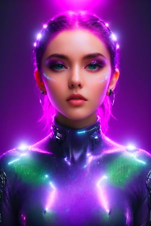 ((masterpiece)), ((best quality)), (((photo Realistic))), (portrait photo), (8k, RAW photo, best quality, masterpiece:1.2), (realistic, photo-realistic:1.3), A captivating and vibrant portrait of a cybergoth fashion cyborg in a minimalist, futuristic setting. The cyborg has subtle miniature glowing inlaid subdermal algorithmic OLED makeup, giving off a soft subsurface scattering effect. The background features a mesmerizing purple sky ambience, with graffiti-inspired typography and a shallow depth of field. A sense of cinematic motion blur enhances the sense of movement and dynamism. The overall composition is a perfect blend of illustration, photography, and digital artistry, portrait photography, cinematic, 