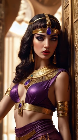 A captivating movie scene of the enigmatic Egyptian princess Cleopatra. an exotic svelte Egyptian dancer from Cleopatra era, she is willowy wearing revealing purple dress with gems, green eyes, fair face, red lips, sheer face viel , she is holding a beautiful dagger, hiding behind a door, wall is decorated with golden Egyptian patterns. Realistic detailed image, High quality, 