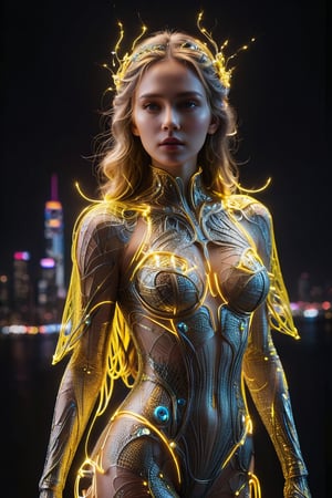 The Neon Wireframe Enchantress of a young alluring goddess. A stunning and evocative epic movie still featuring a futuristic enchantress adorned with a dress and cape made of mesh wireframe in bright neon yellow fibers. The lines, an intricate network of shining threads, intertwine forming geometric patterns that glow intensely under the light, creating a hypnotic and electrifying visual effect. The artwork masterfully combines digital rendering with portrait photography, immersing the viewer in a fascinating and technological visual experience. The vibrant contrast between the neon wireframe and the dark, abstract urban landscape background creates a captivating atmosphere that leaves a lasting impression. Adda Barrios' name is prominently displayed, highlighting her extraordinary talent, versatility, and artistic vision, all exhibited in the fields of fashion, portrait photography, 