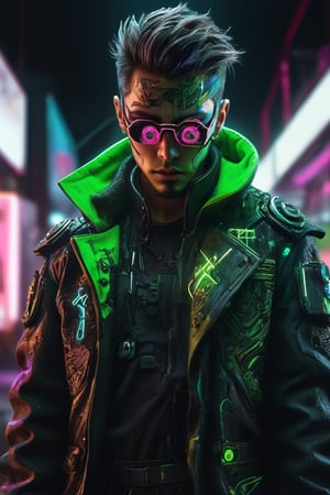 ((masterpiece)), ((best quality)), (((photo Realistic))), (8k, RAW photo, best quality, masterpiece:1.2), (minimalist). A mesmerizing image of a cyberpunk anarchist clad in high-tech gear. The strong anarchist's outfit features rough, jagged, and heavily scarred designs that emit a wild, pulsating glow, with each element illuminated by intense, chaotic hues of neon green and yellow. The gear seamlessly blends 3D rendering, illustration, and vibrant colors, creating a fierce and frenetic dance of light. The background is filled with abstract shapes, jagged lines, and chaotic splashes, adding to the dynamic and rebellious atmosphere. The pristine white background contrasts sharply with the bold and striking colors, highlighting the anarchist's formidable presence in the neon-lit urban chaos.