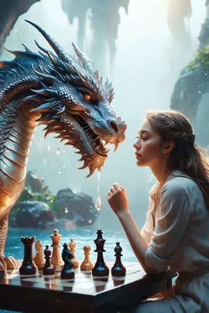 ((masterpiece)), ((best quality)), (((photo Realistic))), expressionism, realism with overdrive, a pretty girl playing chess with the big magical dragon, artistic water drops, dynamic pose, tenderness, full-color palette, octane rendering, soft natural volumetric light, bioluminescence atmospheric, sharp focus, centered composition, professional photography, complex background, soft haze, masterpiece. animalistic, beautiful, fine details, 16k, concept art