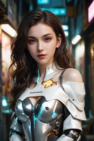 [three-quarter dynamic position::12], (Dylan Kowalski:1.25), [gorgeous face, (long loose spreading brunette wavy hair:1.1), (amazing pale skin:1.2), pastel lighting, mysterious smile, ((looking at the camera)), bright and piercing eyes:9], gorgeous young cyborg girl in sexy hole  white platinum outfit((anatomical:0.7) bellybutton (glossy cybernated body and hands in (Deus Ex Mankind Divided style):0.9)) and (trim and athletic:0.95),, inside a slum alley with (neon signs:0.6), (dramatic neon lighting:0.9), natural glossy, Dark matte, [stunning high-activity unity render::30] Maximally natural hair[superdetail, ((professional photography, hyperphotorealistic, cinematic, natural reflection textures, max natural materials, high-contrast shadows, cinematic lighting, soft lighting)):20], (neon lighting:0.8), [nikon d850 film stock photograph 4 kodak portra 400 camera f1. 6, 150mm, ISO 100, CineStill 800 Tungsten:15]