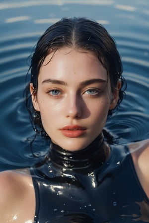 A young woman submerged in water, with her eyes closed and her hands gently placed on her face, wearing glossy black latex bikini. The water's surface creates a rippled effect, reflecting the woman's features. Many little bubbles can be seen around her, and her skin and latex clothing appear to be glistening, possibly due to the water's natural properties or the lighting. The background is a deep shade of blue, emphasizing the serene and tranquil atmosphere of the scene.