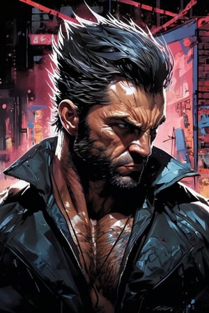 Hyper-realistic digital portrait of Logan, known as Wolverine, a brand new version superhero hybrid of venom,rendered with Dan Hipp's trademark blending of photo-realism and fantastical textures. Wolverine's grizzled face and muscular physique displayed with forensic detail, minor scars and bruises lending gritty verisimilitude. His adamantium claws extended in a combative stance, razor-sharp steel glinting under neon signs of a gritty alleyway. Subtle luminescent threads pulse through muscles and between armor plating like circuitry, smooth, sharp focus, art by Carne Griffiths and Wadim Kashin, unique design suit, award winning photography, masterpiece movie poster