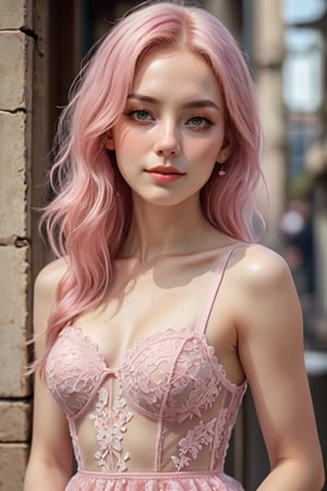 A young alluring woman wearing pink hair in a transparent hollow pink lace dress, in the style of hyperrealism and photorealism, UHD image, soft-focused realism, pastel color, babycore, gentle smile