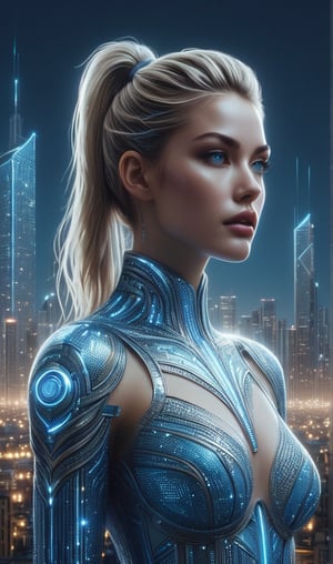 A futuristic cityscape at night with a tall, illuminated skyscraper in the background. In the foreground, a young alluring woman with blonde hair tied in a high ponytail is prominently featured. She wears a shimmering, transparent see-through glass outfit with intricate designs, predominantly in shades of blue and silver. The outfit has a unique pattern resembling a mosaic or tessellated design. The woman's makeup is bold, with emphasis on her eyes and lips. The city behind her is bustling with lights, suggesting it's a major urban center.,mad-cyberspace