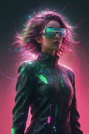 hyperrealistic illustration, best quality, masterpiece digital painting, minimalist movie poster, a cyberpunk hacker known as "THE GLITCHER," their body perpetually glitching and distorting. The figure's skin is a fragmented mosaic of colors, emitting vivid neon pink and green hues. Surrounding them are floating lines of corrupted code and glitching holograms. Their eyes glow with an unsettling, flickering light. They wear a high-tech suit that is constantly shifting and reforming. In one hand, they hold a glitching data spike, while the other hand seems to dissolve into a swarm of digital particles. The background is a stark white void, emphasizing the chaotic and disturbing nature of this digital entity.