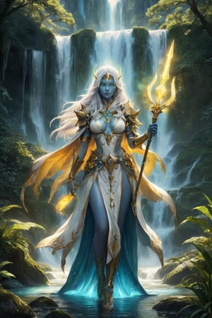 A captivating wide-shot fantasy art piece featuring a stunningly detailed and photorealistic nude Vedalken female cleric. Her striking blue skin is illuminated by glowing particles, adding a mystical aura to the composition. Her long, white hair flows gracefully, contrasting with her vibrant skin tone. Her intense green eyes convey profound depth and wisdom.
Armed with a glowing yellow mace adorned with magical symbols, the cleric stands at the base of a breathtaking waterfall, which adds a natural and dynamic element to the scene. The lush fantasy landscape in the background enhances the overall mood with its vibrant, magical atmosphere. The artwork is presented in ultra-high resolution (16k), focusing on photorealistic quality to capture every detail, from the wet textures of her skin to the shimmering reflections of the water.