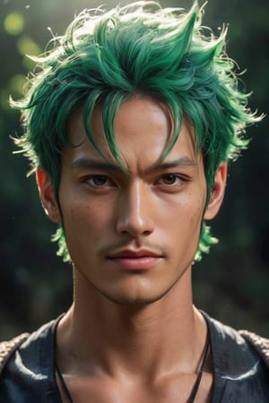 hyperrealistic, a masterpiece live-action movie poster. A breathtakingly realistic image of zoro from One Piece in his Super Saiyan form, radiating an otherworldly aura. Showcase his chiseled physique, wild hair, and beaming smile. Utilize advanced techniques to capture subtle lighting, texture, and divine attire details. Exude an atmosphere of awe-inspiring wonder, as if he is about to unleash powerful divine energy. Bring this extraordinary visual to life with 3D rendering and meticulous attention to detail. Set in a whimsical, imaginative, and lively environment, showcase his powerful unexpected tricky move.