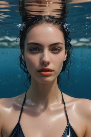 A young woman submerged in water, with her eyes closed and her hands gently placed on her face, wearing glossy black latex bikini. The water's surface creates a rippled effect, reflecting the woman's features. Many little bubbles can be seen around her, and her skin and latex clothing appear to be glistening, possibly due to the water's natural properties or the lighting. The background is a deep shade of blue, emphasizing the serene and tranquil atmosphere of the scene.