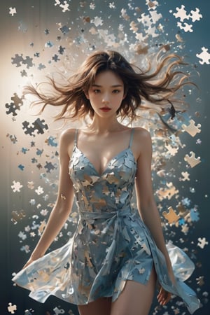 hyperrealistic, best quality, masterpiece, analog film photo, studio lighting. A commercial photography of a hyper-realistic digital artwork featuring a female model composed of puzzle pieces. The right side of her figure is artistically depicted as being blown away, scattering into the air. Her expression is serene, contrasting with the dynamic disassembly of her form. The pieces are finely detailed, each reflecting light uniquely, adding a sense of depth and complexity to the image. The color scheme of the artwork is subtle, with natural tones that emphasize the surreal yet delicate nature of the scene. 