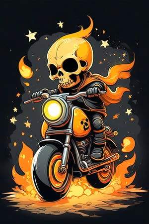 A whimsical art design. A stylized cartoon character, a small, adorable humanoid figure with a skull head, riding a miniature motorcycle. The skull head is oversized, with smooth, rounded features, large black eye sockets and a cute expression. The character has tiny, simplified limbs. The motorcycle is a chibi-style design, with exaggerated proportions, such as large, round headlights and chunky wheels. The bike emits a surreal, glowing aura, mainly in bright orange and yellow hues, resembling flames, which trail behind as if it’s moving fast. The background is dark, nearly black, with stars, creating a stark contrast that highlights the glowing flames and the motorcycle. 