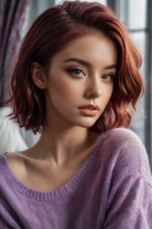 ((masterpiece)), ((best quality)), (((photo Realistic))), (portrait photo), (8k, RAW photo, best quality, masterpiece:1.2), (realistic, photo-realistic:1.3). A stunning, high-resolution fashion poster featuring a captivating young model with purple hair in a stylish bedroom setting. The model is wearing a cozy sweater that accentuates her chest and showcases her beautiful. Her hair is styled in an elegant bun, drawing attention to her alluring features. The overall atmosphere of the image is sultry and glamorous, with a focus on fashion and beauty.