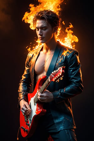 (8k, RAW photo, best quality, masterpiece:1.2), (realistic, photo-realistic:1.3). Human Torch（Marvel Comics) , playing electric guitar , smiling, extremely detailed guitar on fire, man humanoid with fine skin, muscular, whole body covered with a lot of fire spark, chest covered with armor, Albrecht Durer hands, on a stage doing a show, night, rock band in the background, perfect hands, perfect musical instruments, extremely detailed place, extremely detailed clothes, very realistic, low saturation, cool colors, fog, drama, UHD, 16k