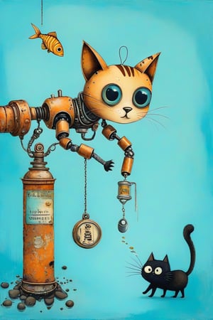 A whimsical art design. Close-up image of a robot hand feed a cat. A blue, worn, rusted in places robotic mechanical arm, with warning labels warning of danger, holds a silver herring by the tail, hanging vertically upside down. A black fluffy cat looks at the fish with big eyes with pleasure. light azure solid background, creative illustration, conceptual art, dadaism