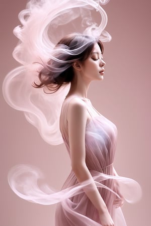 A captivating minimalist portrait of a woman, her wavy figure artfully crafted from delicate smoke in a soft pink hue. The smoke sculpture flows with a dreamy, delicate movement, capturing a fleeting moment of time. The crisp, clear lines and simplicity of the design enhance the elegance and beauty of this surreal, dreamy image.