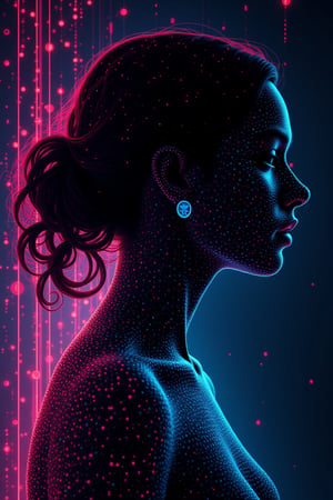 masterpiece digital artwork, (beautiful and aesthetic:1.4), illustration, surrealism, highly detailed, colorful binary code effect forming a silhouette of a young woman, side portrait, weave together to create a harmonious fusion of technology and advant art, (epic movie still composition, perfect proportion), FHD.