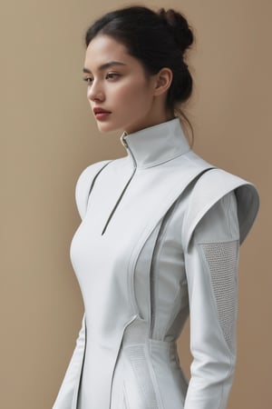 A hyper-realistic side profile. Craft a fashion concept that blends futuristic aesthetics with nomadic influences. Envision garments that seamlessly merge functionality with style, incorporating innovative materials and bold silhouettes. Consider how this fashion line caters to a nomadic lifestyle in a technologically advanced society.