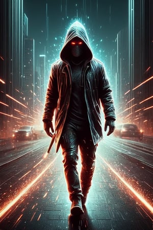 A captivating cinematic illustration of a hooded, mysterious figure in full speed, their identity blurred as they dash towards the viewer. They wield a sleek, futuristic gun, which releases a bullet and a burst of sparks, creating a trail of chaos and destruction in their wake. The background portrays a dark, gritty urban landscape, with neon lights reflecting off the wet pavement, amplifying the sense of danger and high stakes. The vibrant colors and intense atmosphere create a suspenseful, poster-worthy scene that captivates the audience., poster, vibrant, cinematic, great illustration design