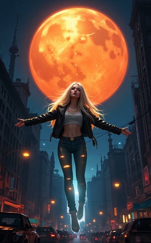 An enchanting urban fantasy scene of an anime woman with long platinum blonde hair and piercing bright eyes. She is dressed in glowing jeans and a leather jacket, with her arms outstretched as if embracing the world. The woman is defying gravity, floating in the warm glow of a massive, fiery orb hovering above a bustling city street plunged into night. The streetlights cast a dim, blue hue over the scene, and the cityscape is filled with a mix of towering skyscrapers and old-world charm. The overall ambiance is mystical, with a sense of awe and wonder.