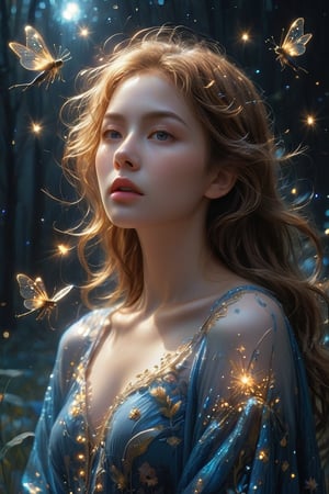 The young alluring lighting goddess. A digital masterpiece image, featuring a woman in a deep blue background, enveloped in a swarm of bright fireflies that illuminate the darkness with flashes of light. With her soft, wavy glowing golden hair, the woman exudes an aura of tranquility and serenity. Her gleaming dress appears as an ethereal cloak of light that blends with the glow of the fireflies, while the winged creatures flutter around her, creating a magical and captivating effect. The harmony of deep blue tones and the soft radiance of the fireflies establishes an enchanting atmosphere that captures the audience's attention and imagination.,glitter,gl1tt3rsk1n