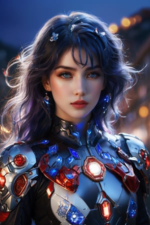 ((masterpiece)), ((best quality)), (((photo Realistic))), (portrait photo), (8k, RAW photo, best quality, masterpiece:1.2), (realistic, photo-realistic:1.3). A stunning 4K high-quality photo of a beautiful woman wearing a white mecha adorned with dazzling lights. Her face, with a captivating gaze, is perfectly enhanced with blue-toned makeup, including dark blue eyeliner, red lip gloss, and a delicate hairpin. Her dark blue hair is a blend of silver, violet, and blue hues, with a gradient effect. The background showcases a complex setting with dark blue flowers and intricate clothing, all against a backdrop of a godly landscape. The atmosphere is filled with a sense of wonder, as the woman's outfit billows in the wind. This photograph truly captures the essence of fashion and artistic beauty.